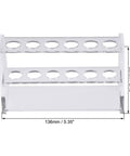 Acrylic test tube rack with 6 wells for 10ml centrifuge tubes, measures 136x50x80mm with dimensions labeled, made for lab storage.