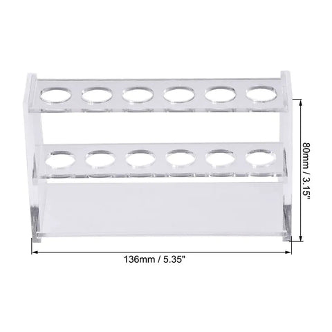 Acrylic test tube rack with 6 wells for 10ml centrifuge tubes, measures 136x50x80mm with dimensions labeled, made for lab storage.