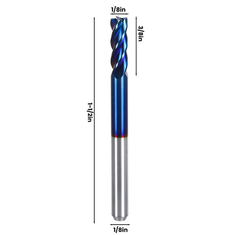 Side view of a Beefy 5-Piece Carbide End Mill Set for CNC Router Bits with Nano Blue Coating, measuring dimensions included.