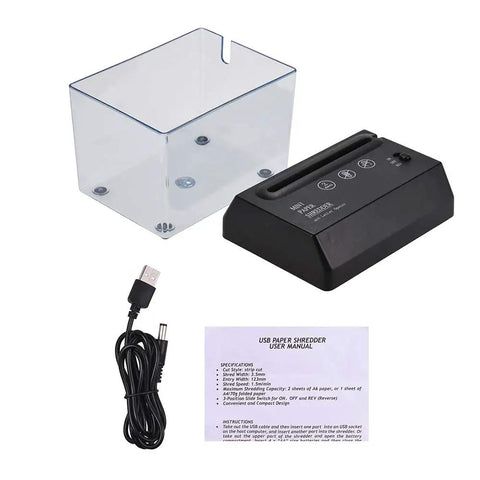 No Hassle Mini Paper Shredder With Built In Letter Opener Usb And Battery Powered Quiet Strip Cutter For A6 And Folded A4 Documents Office Home Essentials with USB cable and user manual.