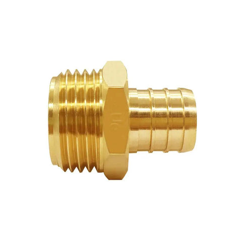 Solid Brass Garden Hose Connector Set Two Pack Three Quarters Inch GHT Male To PEX Barb Fittings side view