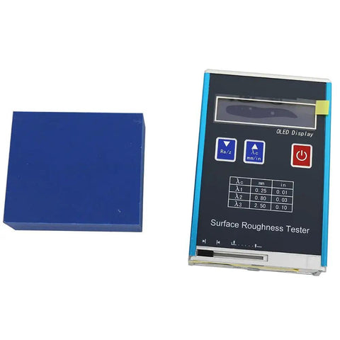 Digital Roughness Tester Profilometer For Metal And Non Metal Surfaces With Evaluation Lengths 1.25 4.0 5.0 Millimeters Ra Rq 0.05 To 15.0 Micrometers Rz Rt 0.1 To 50.0 Micrometers USB Charging Display Workhorse Tool next to a blue calibration block