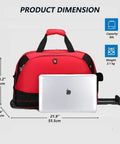 Rolling Duffle Bag With Wheels 22 Inch Weekender Carry On Luggage Expandable From 50L To 60L Red shown with dimensions and laptop