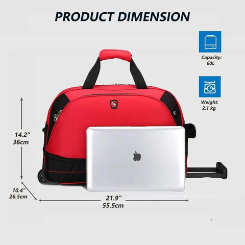 Rolling Duffle Bag With Wheels 22 Inch Weekender Carry On Luggage Expandable From 50L To 60L Red shown with dimensions and laptop