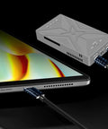 Dual M.2 NVMe SSD Enclosure With Hella Fast 20 Gbps USB 3.2 Gen 2X2 Interface connected to a tablet.