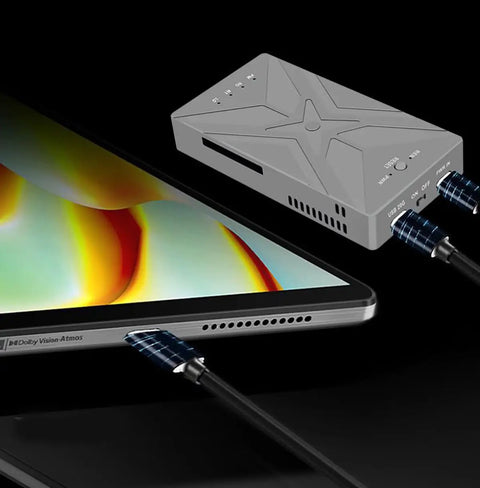 Dual M.2 NVMe SSD Enclosure With Hella Fast 20 Gbps USB 3.2 Gen 2X2 Interface connected to a tablet.