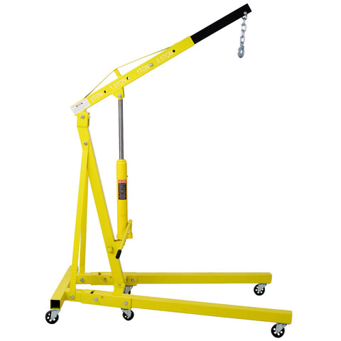Heavy Duty 2 Ton Folding Engine Hoist And Shop Crane with hydraulic ram in yellow for automotive use.