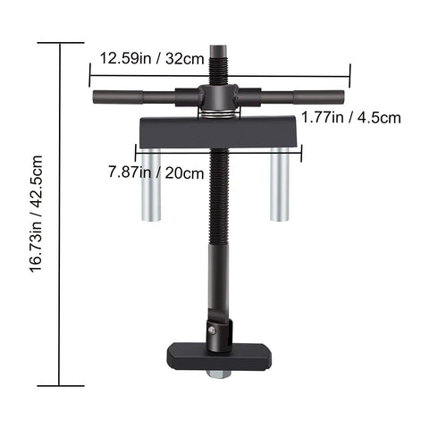 Dimensions and design of Universal Cylinder Liner Puller Tool Set For Auto And Diesel Engines, measures 12.59 x 16.73 inches.