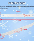 Upgraded Fridge Crisper Drawer Slide Rail Kit No Sweat Install Heavy Duty dimensions shown on white rail against a blue background.