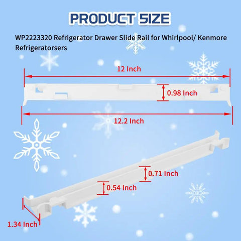 Upgraded Fridge Crisper Drawer Slide Rail Kit No Sweat Install Heavy Duty dimensions shown on white rail against a blue background.
