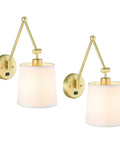 Brass Wall Lamps Set Of 2 With White Fabric Shade, Vintage Modern Sconce Lighting, Hardwired Wall Mount, On Off Switch