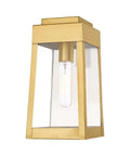 12 Inch Oslo Outdoor Wall Lantern In Satin Brass Finish With Clear Glass For Porch Or Patio, angled view