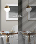 Comparison of two hanging lamps in a living room, one with No Flicker using 12 Pack A19 LED Light Bulbs, 9W Daylight 5000K, 60W Equivalent.