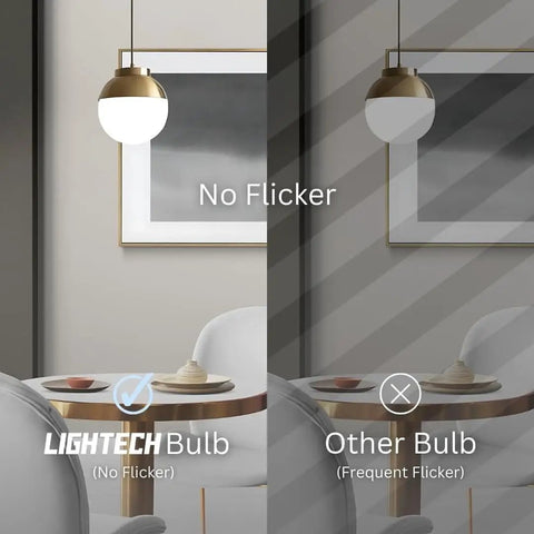 Comparison of two hanging lamps in a living room, one with No Flicker using 12 Pack A19 LED Light Bulbs, 9W Daylight 5000K, 60W Equivalent.