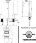 Technical diagram of Two Handles Three Hole Hexagonal High Arch Polished Chrome Widespread Bathroom Faucet With Stainless Steel Pop Up Drain.