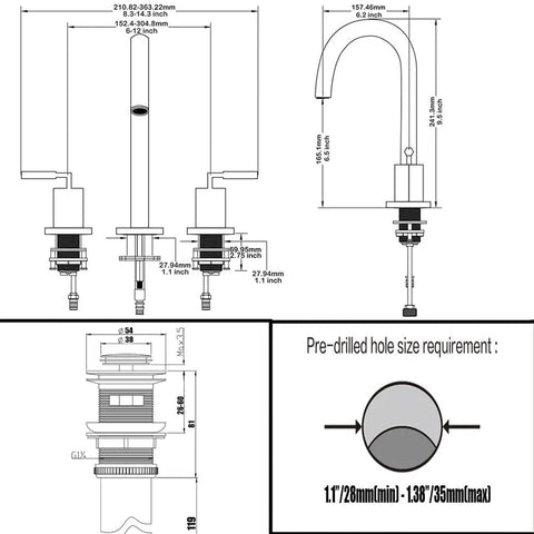Technical diagram of Two Handles Three Hole Hexagonal High Arch Polished Chrome Widespread Bathroom Faucet With Stainless Steel Pop Up Drain.