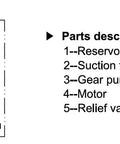 Diagram showing components of Heavy Duty Beefy Electro Hydraulic Power Unit For Car Lift 220V 60Hz 1 Phase 2950 PSI Ideal For Auto Repair Shops Garages Service Bays With Compact Mounting Design And Quiet Reliable Performance, including reservoir, suction filter, and valves.