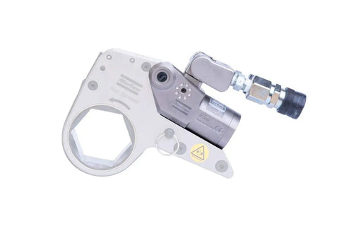 Badass Low Profile Hydraulic Torque Wrench Built From Aircraft Grade Aluminum And Heavy Duty Industrial Hand Tool For 255 To 1710 Ft Lbs Torque Range side view showing hydraulic actuator and hex opening