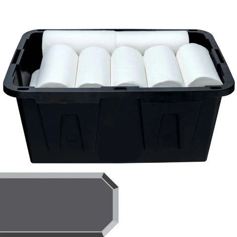 Heavy Duty 27 Gallon Storage Bin 2 Pack Large Plastic Container With Secure Snap On Lid showcasing white rolls inside black container.