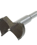 Side view of hinge-boring drill bit, 40mm bore, silver shaft for carpentry