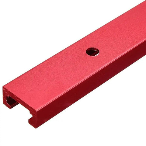Close-up of Beefy Aluminum T Track Miter Jig for Woodworking 300 to 600mm Range, showing red aluminum design.