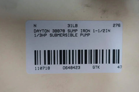 Label for Rugged Workhorse Cast Iron Submersible Sump Pump Designed To Handle The Daily Grind With 1/3 Horsepower Motor and 1-1/2 Inch Discharge.