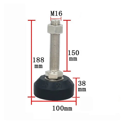 Rock Solid Adjustable Leveling Feet 8 Pack Threaded M12 M16 M18 Rotating Bases With 100mm base and 150mm height for stability.