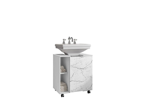Easy Pedestal Sink Vanity Cabinet With Open Shelf Storage For Small Bathrooms, 21.73 Inch White Carrara Finish, front view