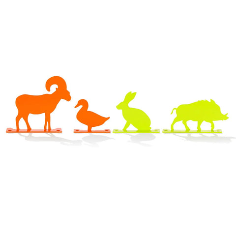 Range Ready Neon Color Steel Animal Silhouette Targets 4 Pack High Visibility Knockovers with duck, hare, boar, and sheep