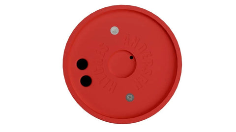 Top view of a round red Heavy Duty Trailer Jack Block with text and magnet insert, 12 inch base, for leveling RVs and trailers.