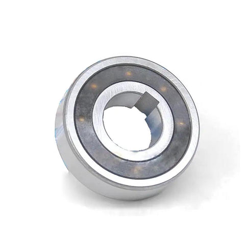 Top Shelf 40 MM Bore Sprag Clutch One Way Bearing With Internal Keyway Zero Backlash, silver steel unit with a central keyway.