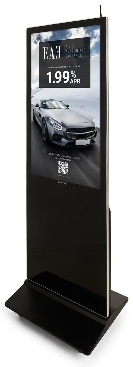 Slide A Slick 43 Inch Digital Display Advertising Floor Stand Into Your Spot For Legit 1080p Lcd Quality Smooth Android 11 Smart Features And Zero Stress Wifi Bluetooth Streaming Setup That Flows All Day, showcasing a freestanding digital display with a sleek black design.