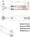 Technical diagram of a Heavy Duty Hydraulic Power Steering Cylinder for John Deere 955 with dimensions and force specifications.