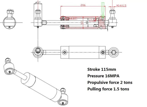Technical diagram of a Heavy Duty Hydraulic Power Steering Cylinder for John Deere 955 with dimensions and force specifications.