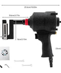 Beefy Pneumatic Hole Punch Tool With 360 Degree Rotating Head and margin edge guide, dimensions in inches shown.