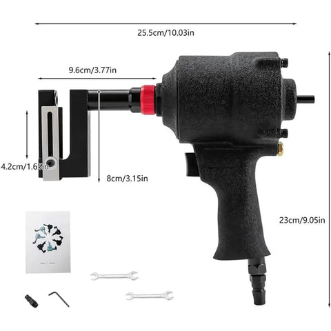 Beefy Pneumatic Hole Punch Tool With 360 Degree Rotating Head and margin edge guide, dimensions in inches shown.