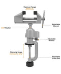 Universal Table Vise 3 Inch With 360 Degree Swivel Base, Heavy Duty Aluminum Bench Clamp shown with dimensions and features