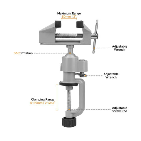 Universal Table Vise 3 Inch With 360 Degree Swivel Base, Heavy Duty Aluminum Bench Clamp shown with dimensions and features