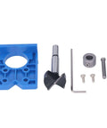Blue ABS plastic hinge hole saw jig kit with 35mm cutter, hex key, screws, bushing and guide rod