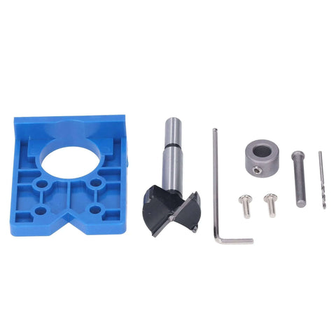 Blue plastic hinge jig base with metal drill guide, drill bit, hex key and screws