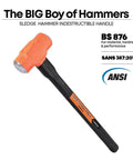 8 Pound Sledge Hammer With Indestructible Handle 16 Inch Length Heavy Duty Forged Steel Head 50 To 58 HRC Hi Vis Finish