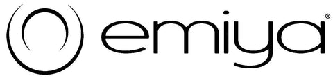 Logo design with stylized circular symbols and the text 'emiya' in lowercase.
