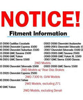 Notice of fitment information for various 2WD GM models including Silverado, Sierra, and Yukon with exclusions and model years listed.