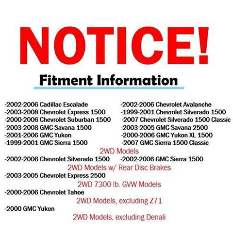 Notice of fitment information for various 2WD GM models including Silverado, Sierra, and Yukon with exclusions and model years listed.