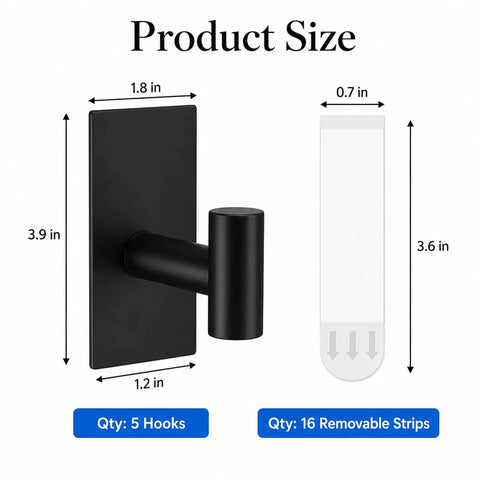Diagram of Five Pack Heavy Duty Adhesive Wall Hooks with Removable Strips showing dimensions and quantities.