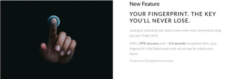 Close-up of a finger touching the fingerprint sensor of the Real Talk Top Shelf Flat Black Smart Deadbolt Door Lock Offering Rapid Fingerprint Unlocking And Hassle Free Wifi Bluetooth Pairing For Sweet Mobile Control Every Day.