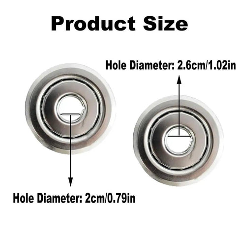 Close-up view of Six Pack Heavy Duty Fire Sprinkler Head Covers With Slick Electroplated Coating showing hole diameters of 2.6cm and 2cm.