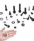 Built Tough Metric Hex Screw Set M2 M3 M4 M5 With Black Alloy Steel Bolts And Nuts Kit, 12.9 Grade Fasteners, Precise Threads For DIY Projects Auto Repairs And Everyday Machinery Fixes, assorted bolts and nuts with hand for size reference