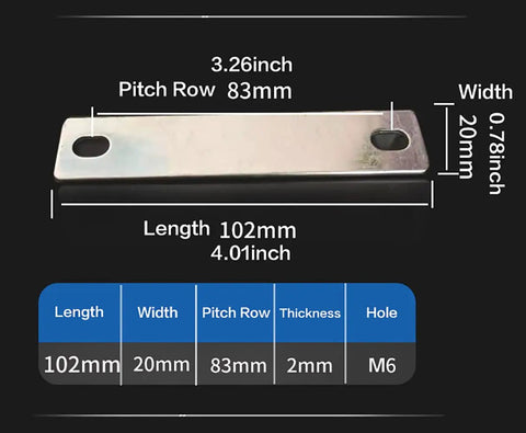 Heavy Duty Red Copper Nickel Plated Bus Bar Connectors For LifePo4 Cells, 102mm x 20mm, showing precise 83mm pitch and M6 holes.