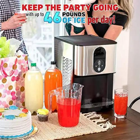 Top Rated Countertop Ice Maker Featuring Slick Self Serve Lever And Built In Self Cleaning Cycle That Whips Up Smooth Chewable Nugget Ice Fast For Any Modern Home Or Office Setup in a vibrant kitchen setting.